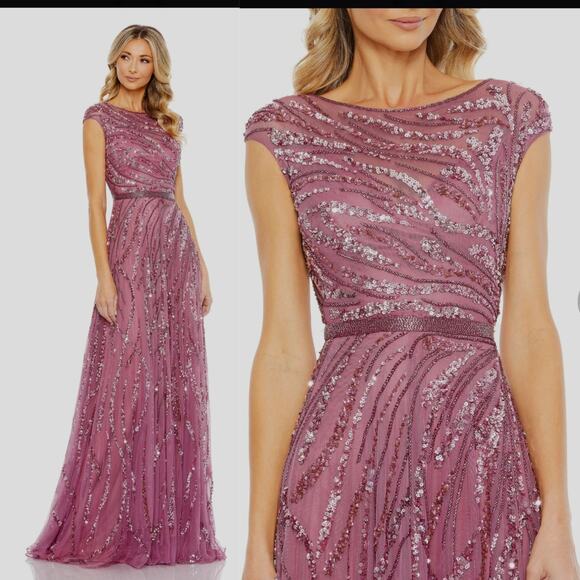 Mac Duggal 5445 Purple Pink 4 Embellished Cap Sleeve Evening Gown Formal Dress - Picture 5 of 13
